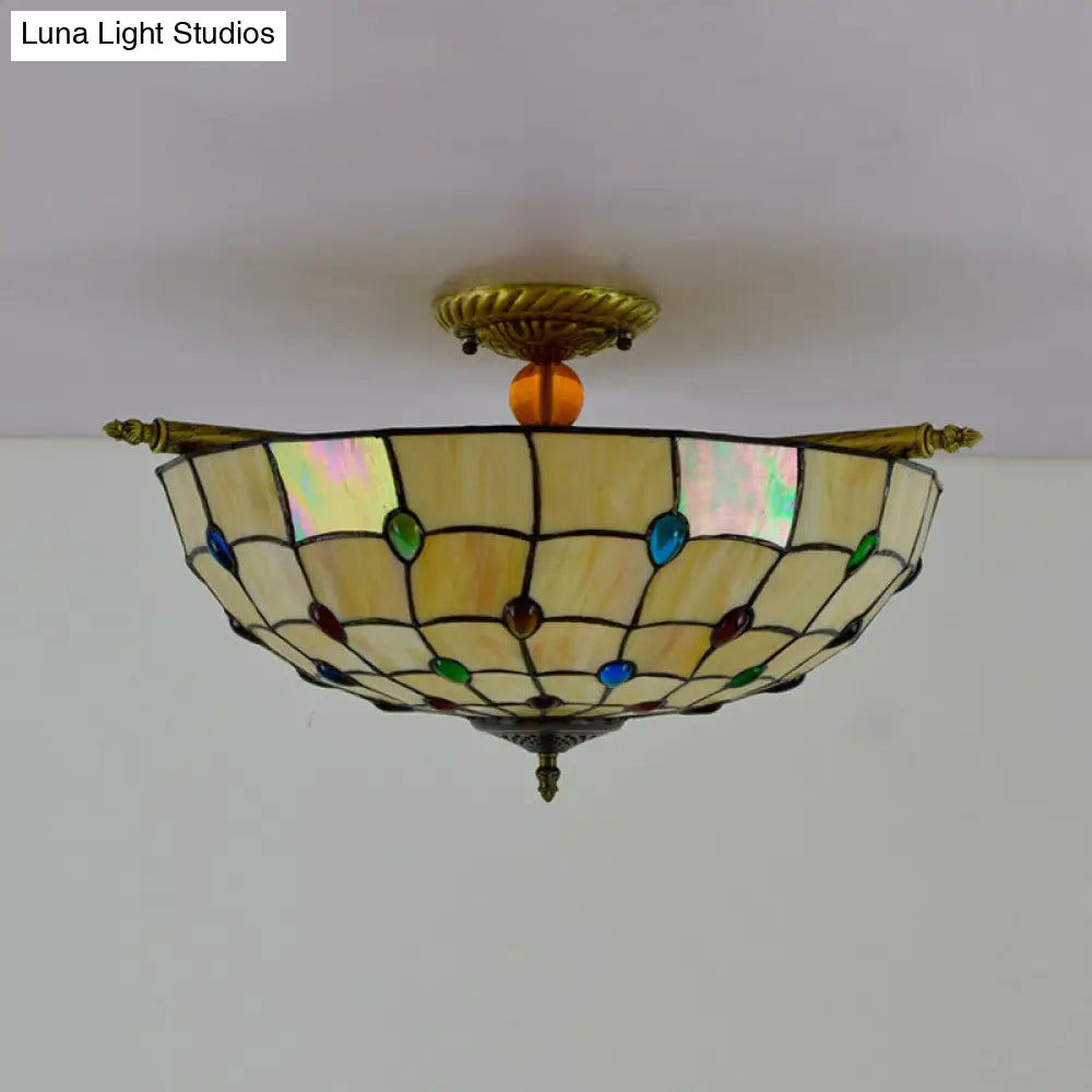 5-Head Tiffany Beaded Art Glass Ceiling Light Fixture In Brass Semi Flush Mount - 21.5/25.5 Width