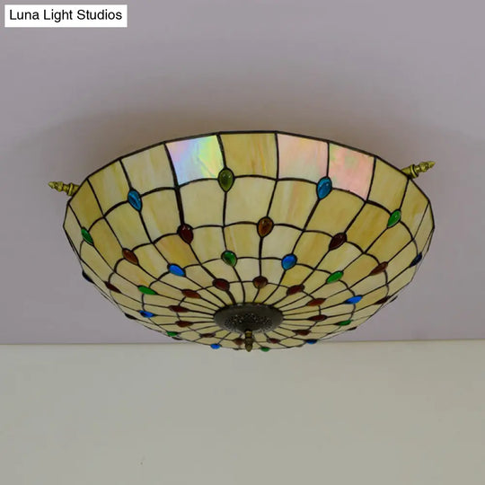 Tiffany Style Handcrafted Art Glass Ceiling Light Fixture - 5 Heads Semi Flush Mount Brass Finish