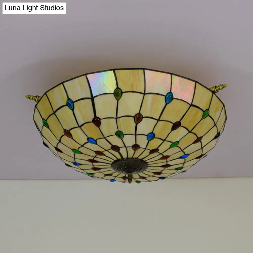 5-Head Tiffany Beaded Art Glass Ceiling Light Fixture In Brass Semi Flush Mount - 21.5/25.5 Width