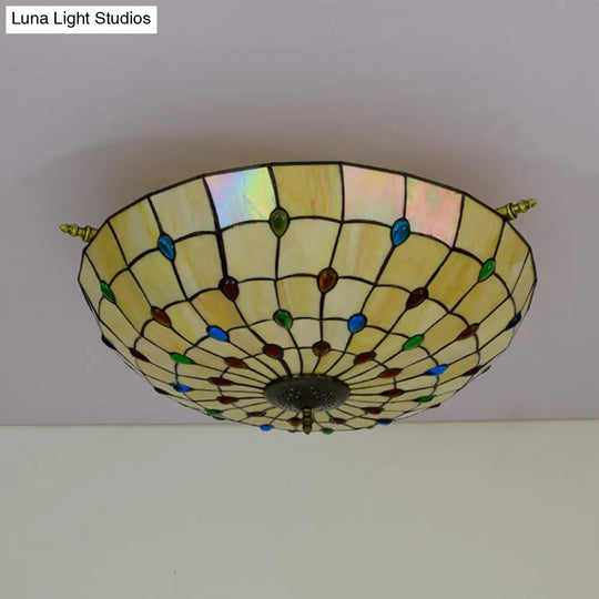 5-Head Tiffany Beaded Art Glass Ceiling Light Fixture In Brass Semi Flush Mount - 21.5/25.5 Width