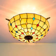Tiffany Style Handcrafted Art Glass Ceiling Light Fixture - 5 Heads Semi Flush Mount Brass Finish