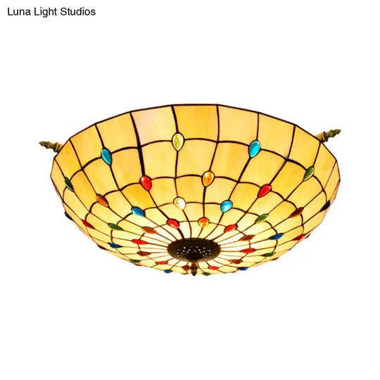 5-Head Tiffany Beaded Art Glass Ceiling Light Fixture In Brass Semi Flush Mount - 21.5/25.5 Width