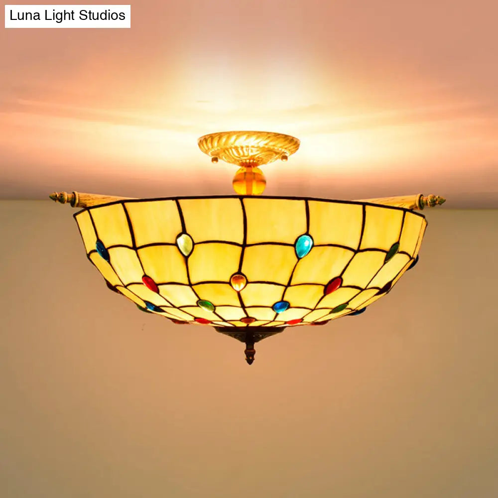 5-Head Tiffany Beaded Art Glass Ceiling Light Fixture In Brass Semi Flush Mount - 21.5/25.5 Width