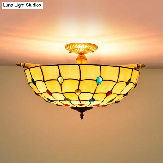 5-Head Tiffany Beaded Art Glass Ceiling Light Fixture In Brass Semi Flush Mount - 21.5/25.5 Width