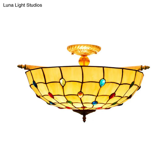 5-Head Tiffany Beaded Art Glass Ceiling Light Fixture In Brass Semi Flush Mount - 21.5/25.5 Width
