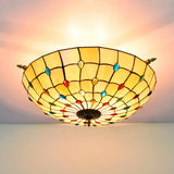 Tiffany Style Handcrafted Art Glass Ceiling Light Fixture - 5 Heads Semi Flush Mount Brass Finish