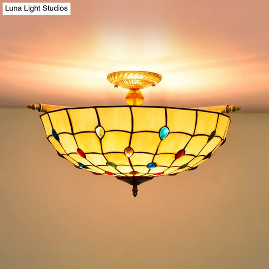 Tiffany Style Handcrafted Art Glass Ceiling Light Fixture - 5 Heads Semi Flush Mount Brass Finish