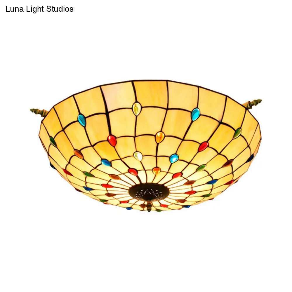 Tiffany Style Handcrafted Art Glass Ceiling Light Fixture - 5 Heads Semi Flush Mount Brass Finish