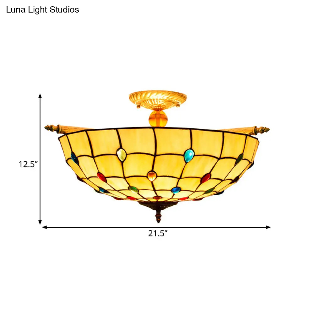 Tiffany Style Handcrafted Art Glass Ceiling Light Fixture - 5 Heads Semi Flush Mount Brass Finish