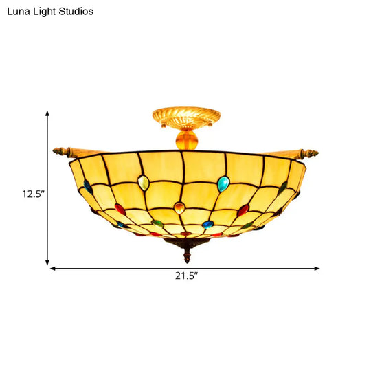 Tiffany Style Handcrafted Art Glass Ceiling Light Fixture - 5 Heads Semi Flush Mount Brass Finish