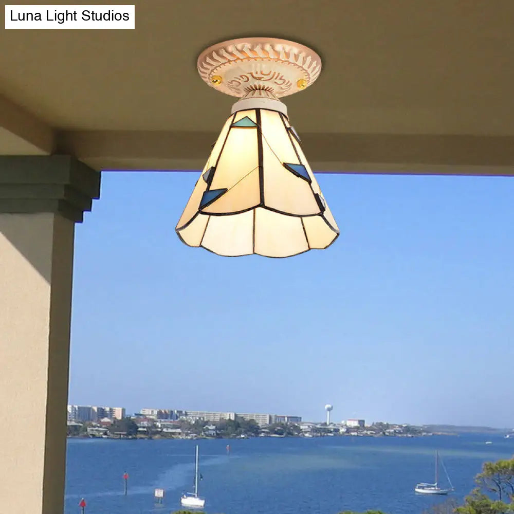 Tiffany Style Handcrafted Art Glass Semi Flush Ceiling Light Fixture With Bell Shade Beige