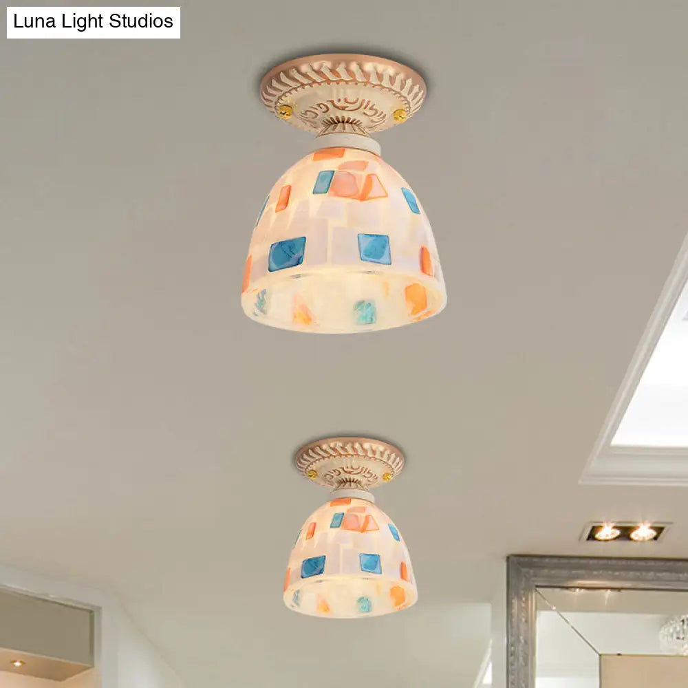 Tiffany Style Handcrafted Art Glass Semi Flush Ceiling Light Fixture With Bell Shade White