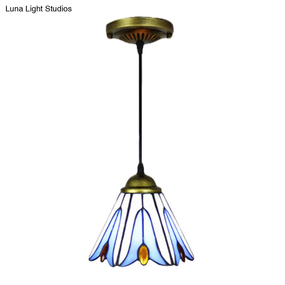 Tiffany-Style Handcrafted Art Glass Pendant Ceiling Lamp - Wide Flare 1-Bulb Blue Flower Pattern