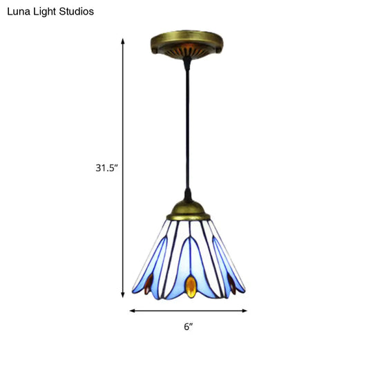 Tiffany-Style Handcrafted Art Glass Pendant Ceiling Lamp - Wide Flare 1-Bulb Blue Flower Pattern