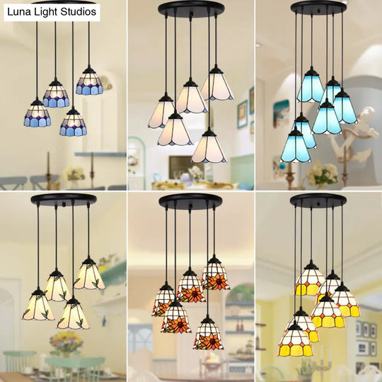Tiffany Style Handcrafted Floral Art Glass Pendant Light For Dining Room Ceiling