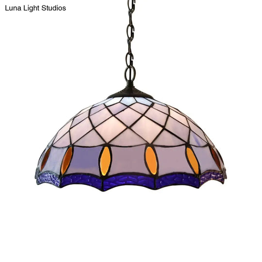 Handcrafted Tiffany-Style Pendant Light With Stained Glass In Purplish Blue
