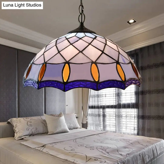Handcrafted Tiffany-Style Pendant Light With Stained Glass In Purplish Blue