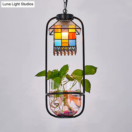 Tiffany Style House Shaped Hanging Lamp Kit With Stainless Glass - 1 Head Black Finish Ceiling Light