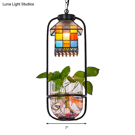 Tiffany Style House Shaped Hanging Lamp Kit With Stainless Glass - 1 Head Black Finish Ceiling Light