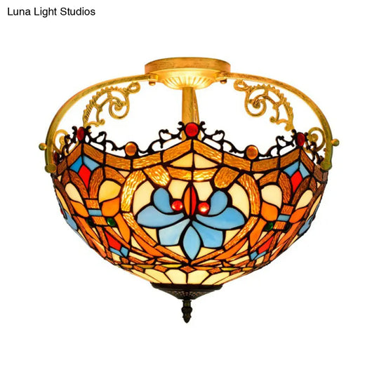 Tiffany Style Lotus Stained Glass Ceiling Fixture - Semi Mount Brown Ideal For Dining Room Lighting