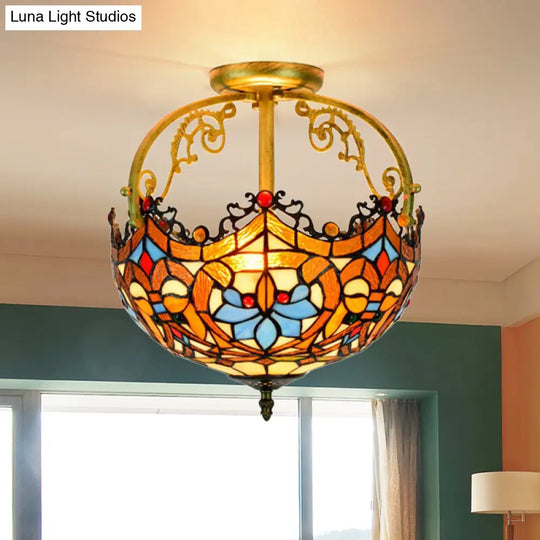 Tiffany Style Lotus Stained Glass Ceiling Fixture - Semi Mount Brown Ideal For Dining Room Lighting