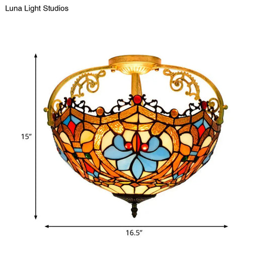 Tiffany Style Lotus Stained Glass Ceiling Fixture - Semi Mount Brown Ideal For Dining Room Lighting
