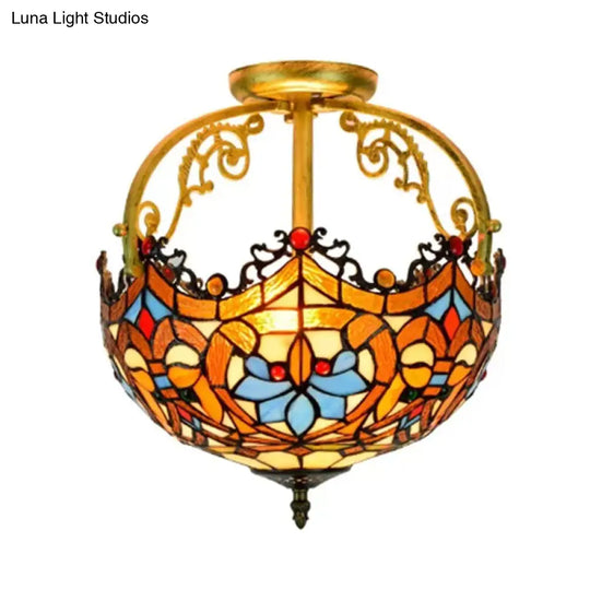 Tiffany Style Lotus Stained Glass Ceiling Fixture - Semi Mount Brown Ideal For Dining Room Lighting