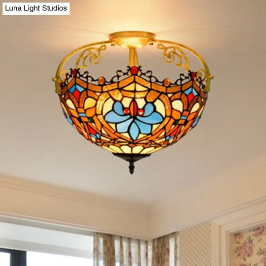 Tiffany Style Lotus Stained Glass Ceiling Fixture - Semi Mount Brown Ideal For Dining Room Lighting
