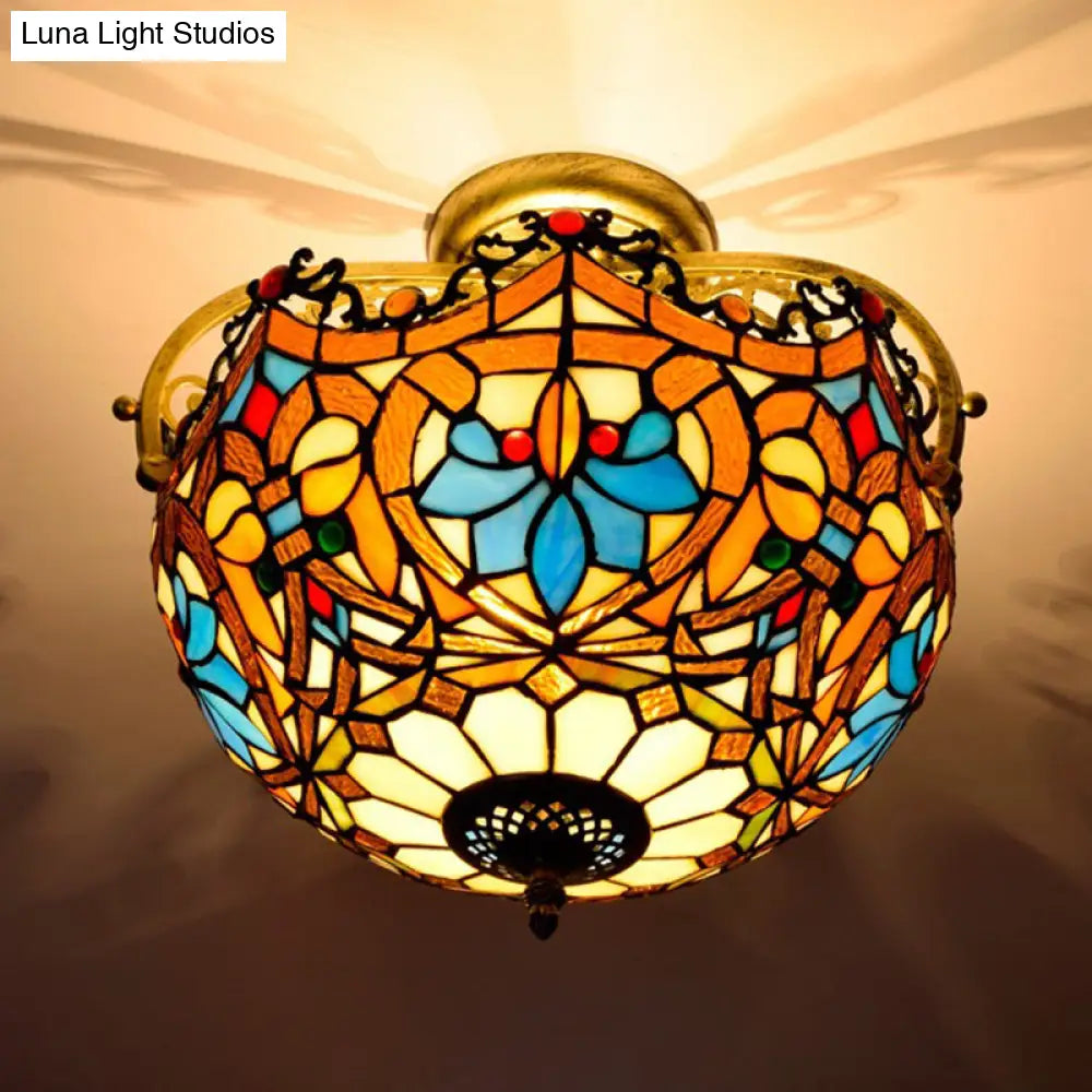 Tiffany Style Lotus Stained Glass Ceiling Fixture - Semi Mount Brown Ideal For Dining Room Lighting