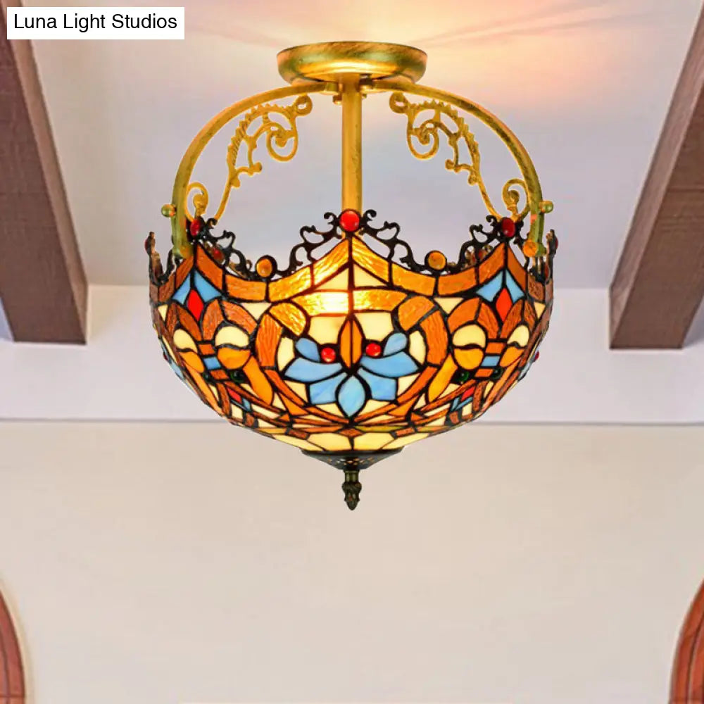 Tiffany Style Lotus Stained Glass Ceiling Fixture - Semi Mount Brown Ideal For Dining Room Lighting
