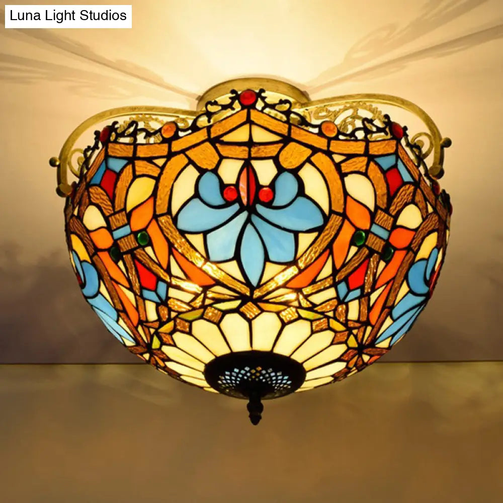 Tiffany Style Lotus Stained Glass Ceiling Fixture - Semi Mount Brown Ideal For Dining Room Lighting