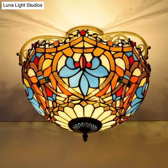 Tiffany Style Lotus Stained Glass Ceiling Fixture - Semi Mount Brown Ideal For Dining Room Lighting