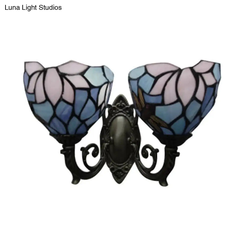 Tiffany-Style Lotus Wall Light - Stained Glass 2-Bulb Traditional Sconce In Blue & Pink