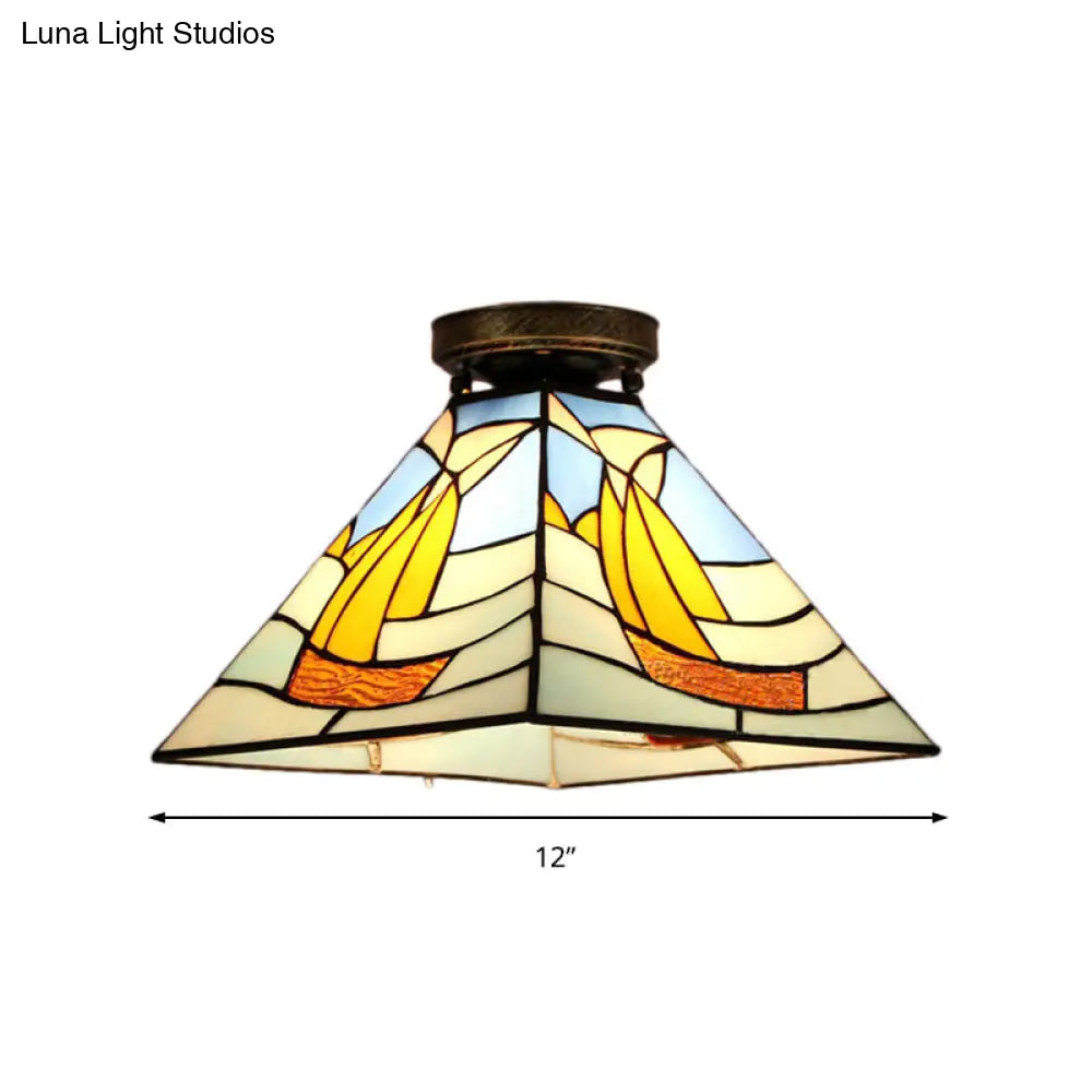 Tiffany Style Nautical Stained Glass Flush Light Fixture - Clear/White/Orange/Pink/Blue For Hallway