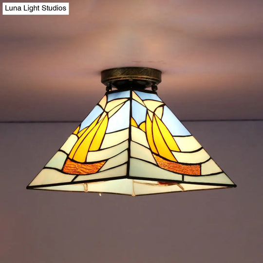 Tiffany Style Nautical Stained Glass Flush Light Fixture - Clear/White/Orange/Pink/Blue For Hallway