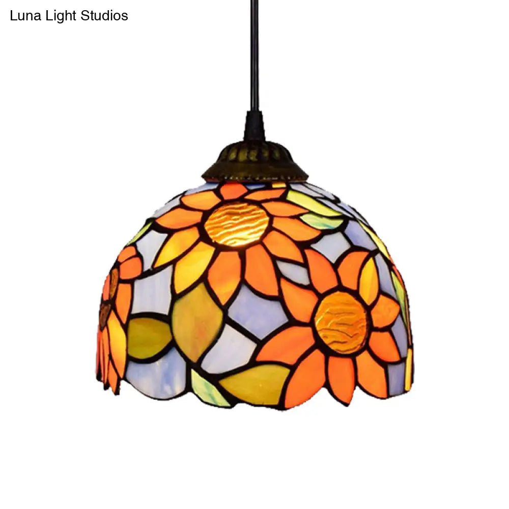 Tiffany-Style Domed Stained Glass Pendant Light - Orange-Blue Ceiling Hanging Lamp