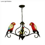 Tiffany-Style Parrot Stained Glass Chandelier In Antique Brass - Ideal For Dining Rooms