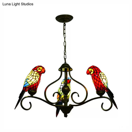 Tiffany-Style Parrot Stained Glass Chandelier In Antique Brass - Ideal For Dining Rooms