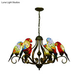 Tiffany-Style Parrot Stained Glass Chandelier In Antique Brass - Ideal For Dining Rooms