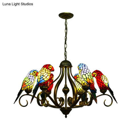 Tiffany-Style Parrot Stained Glass Chandelier In Antique Brass - Ideal For Dining Rooms