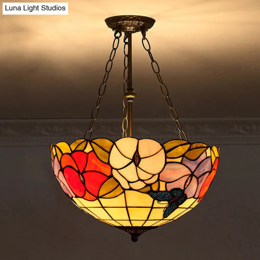 Tiffany-Style Stained Glass Pendant Ceiling Light - Bowl Shade Suspension Lighting Yellow