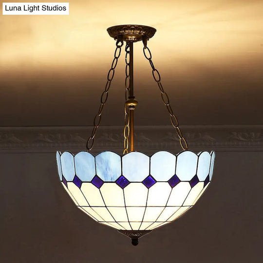 Tiffany-Style Stained Glass Pendant Ceiling Light - Bowl Shade Suspension Lighting Blue