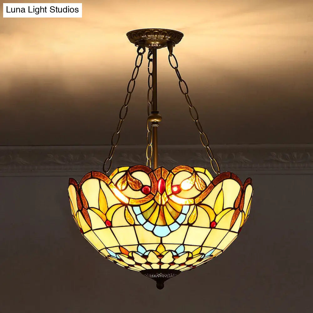 Tiffany-Style Stained Glass Pendant Ceiling Light - Bowl Shade Suspension Lighting Khaki
