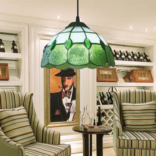 Tiffany-Style Pink/Green Stained Glass Beaded Drop Lamp - Hall Pendant Lighting Fixture Green