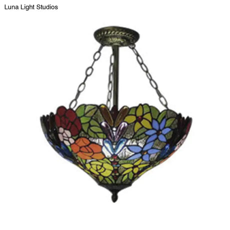 Rustic Tiffany-Style Pendant Light With Multi-Colored Flower/Rose Pattern - Perfect For Dining Room