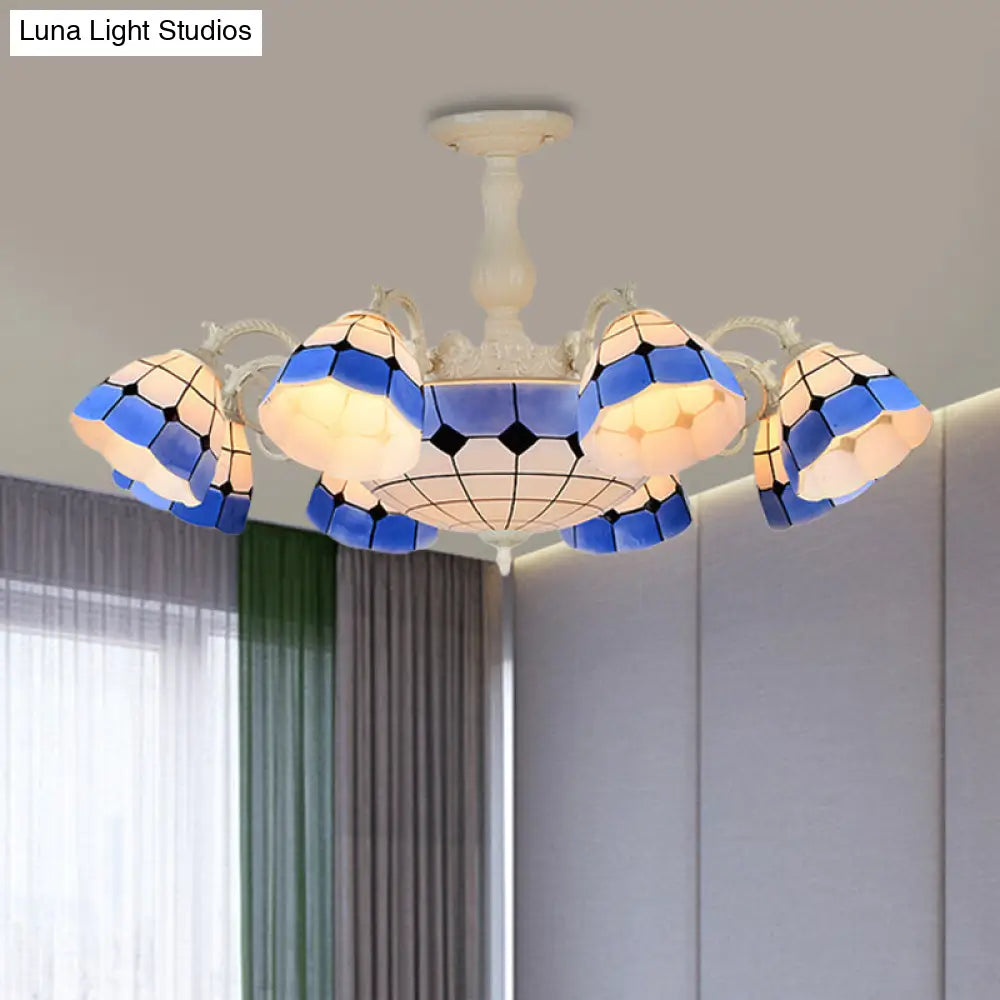 Tiffany-Style Semi Flush Ceiling Lamp: Grid Patterned Blue Cut Glass - Ideal For Living Room Décor