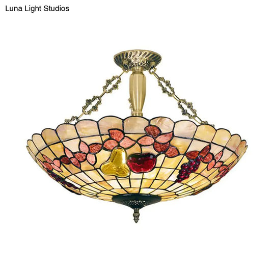 Tiffany Style Semi - Flush Ceiling Light With Butterfly Rose & Fruit Shell Shade