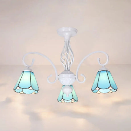 Tiffany Style Semi Flush Mount Light: 3/5-Light White/Blue/Sky Blue Shade For Living Room 3 / Sky