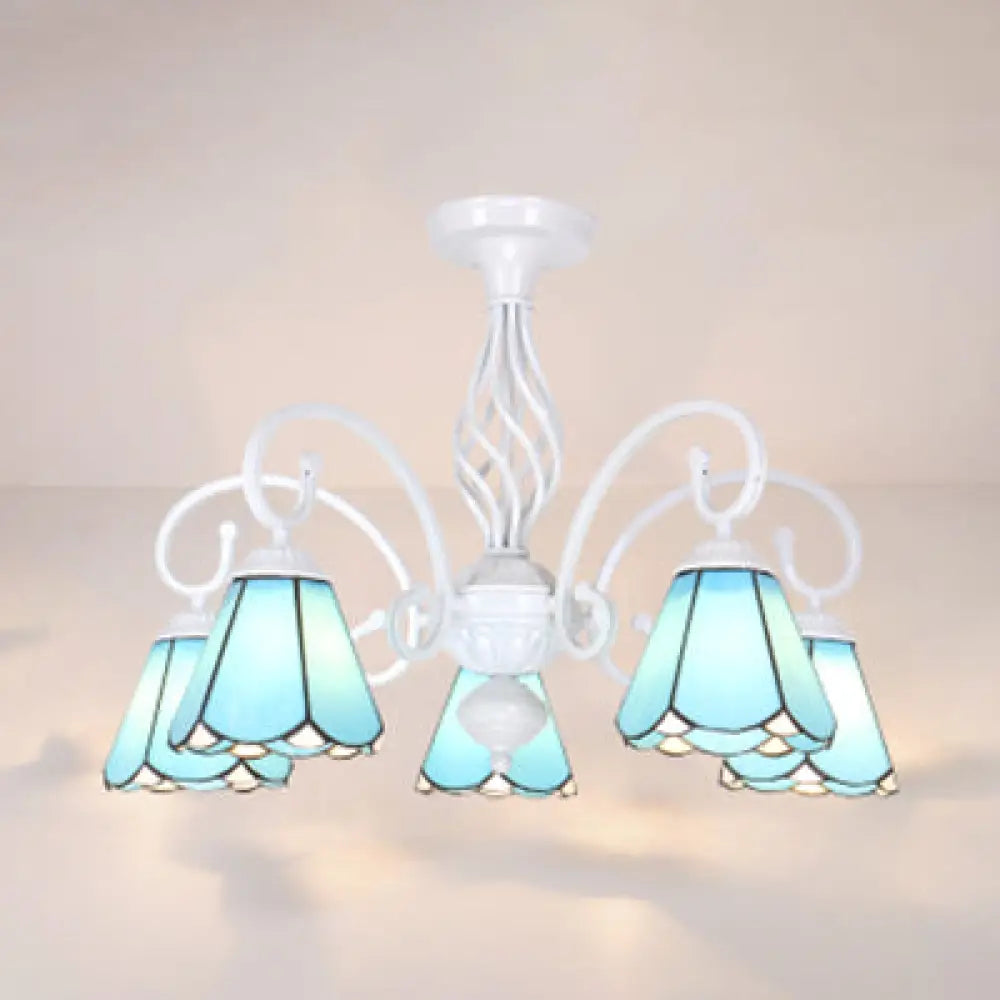 Tiffany Style Semi Flush Mount Light: 3/5-Light White/Blue/Sky Blue Shade For Living Room 5 / Sky
