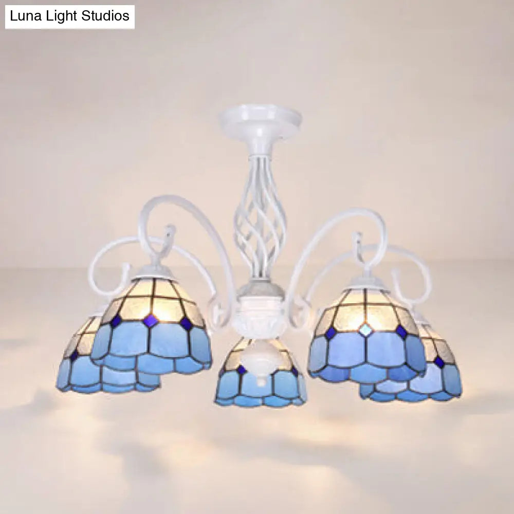 Tiffany Style Semi Flush Mount Light: 3/5-Light White/Blue/Sky Blue Shade For Living Room 5 /